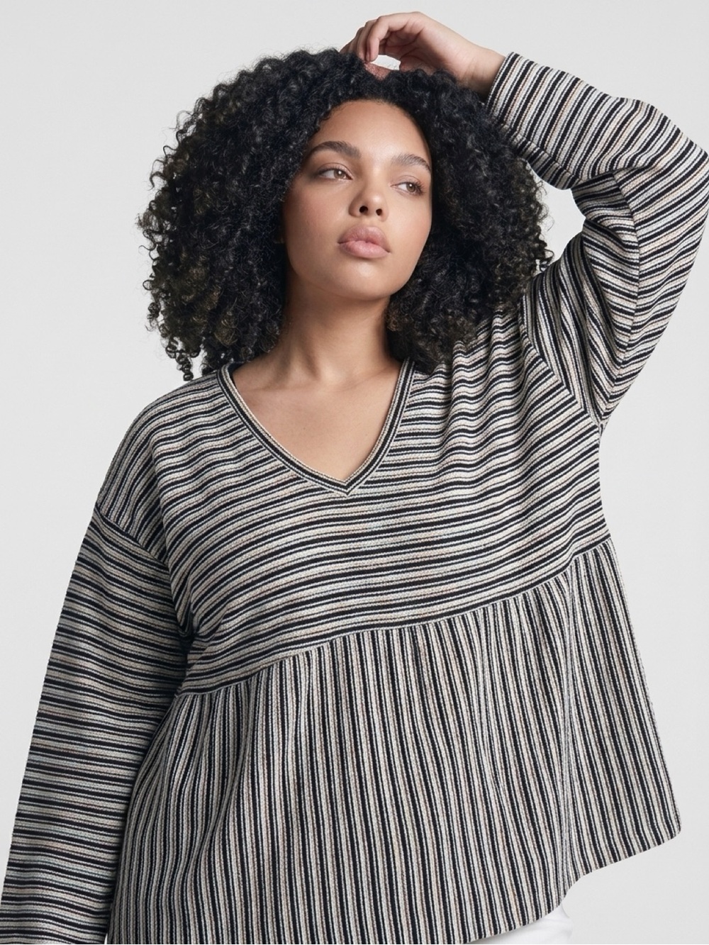 ModCloth 3X Striped Textured Knit Top V-Neck Drop Shoulder Casual Chic